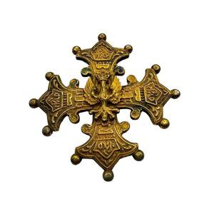 Antique Greek Orthodox Brass Cross Pin Brooch Crescent Design Eagle Motif - 2.5